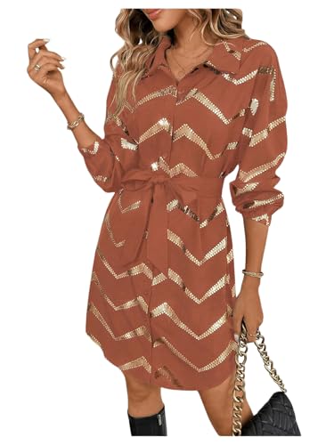 SweatyRocks Women's Metallic Gold Long Sleeve Dresses Collar Shirtdress Casino Night Party Outfit Brown Large