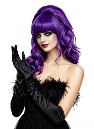 Rugelyss Long Wavy Purple Mixed Black Wigs for Women Fashion Synthetic Full Head Hair Wig with Bang and Bun for Cosplay Costume or Halloween Party
