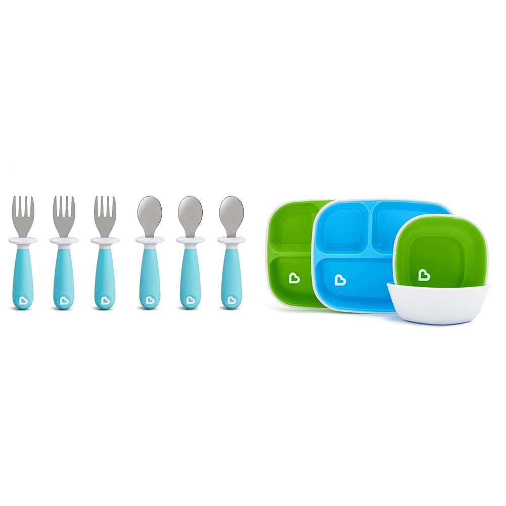 Munchkin® RaiseTM 6pc Toddler Fork and Spoon Set and 4pc SplashTM Toddler Divided Plate and Bowl Dining Set, Blue/Green