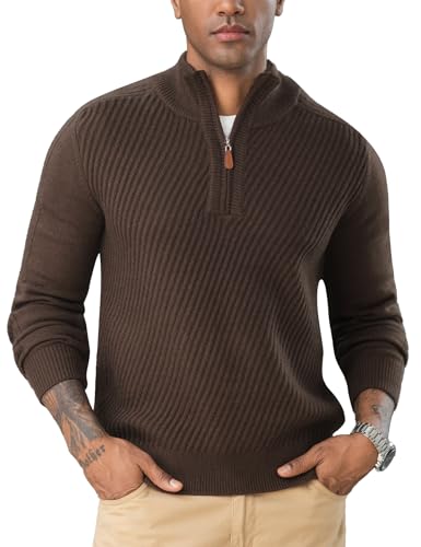 Flygo Quarter Zip Pullover Sweaters for Men Casual Long Sleeve Knitted Textured Mock Neck Polo Sweater(Brown-XL)