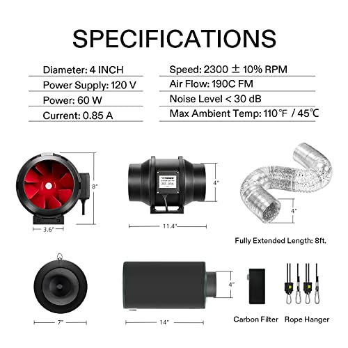 Vivosun Air Filtration Kit, 4” 190 Cfm Inline Ventilation Fan With Speed Controller, 4” Black Carbon Filter And 8’ Of Ducting For Grow Tent, Planting Room, Air Circulation #TOP6