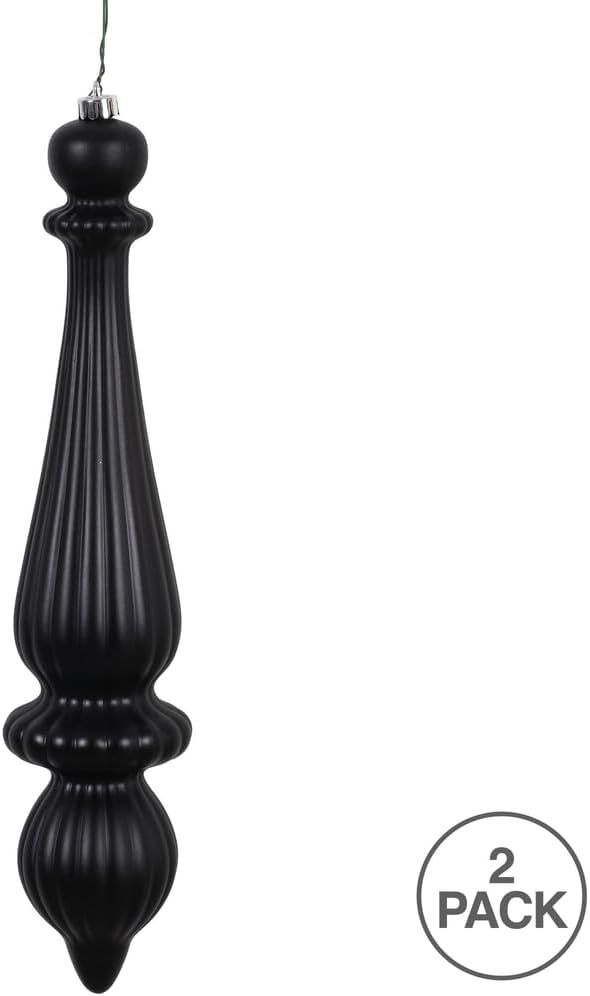 Vickerman 14" Matte Finial Drop Ornament, Shatterproof Plastic, UV Resistant Christmas Tree Decoration, 2 Pack, Black