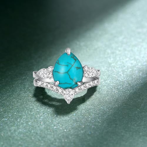 Genuine Sterling Silver Turquoise Wedding Ring Set - Real Turquoise Engagement Rings for Women2