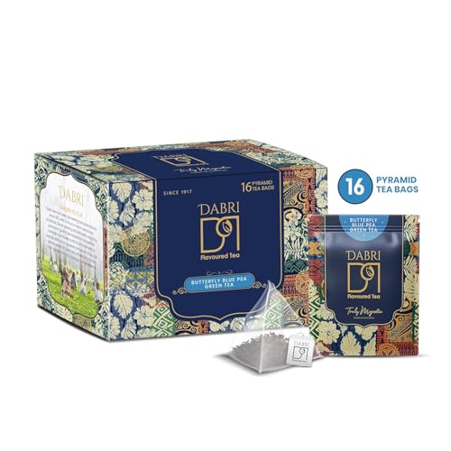 Image of Dabri Blue Flower Butterfly Pea Green Tea 32 Pyramid Dip Tea Bags|Pack of 2 x 16 Bags Each|Natural Loose Leaves with Blue Flower Herbal Blend|Farm Fresh|Rich in Antioxidants|Support Hair, Skin Health