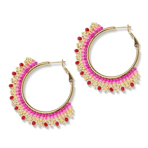 Agriajun Handmade Boho Beaded Large Gold Hoop Earrings for Women, Statement Colorful Hot Pink Handwoven Bohemian Seed Beads Huggie Earrings Cartilage Hypoallergenic Prom Holiday Jewelry Gift