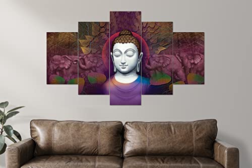 Image of Clasiko Set Of 5 Pcs 3D Wall Painting With Frame; 24x50 Inches; Buddha Face With Purple Leaves