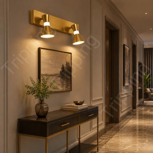 Image of TRIPPING LX397 8W 3-in-1 LED Wall Light with 2 Adjustable Heads, Golden Metal Focus Spot Lamp for Dressing Table, Mirror, Bedside and Accent Wall, 30 x 15 x 7 cm