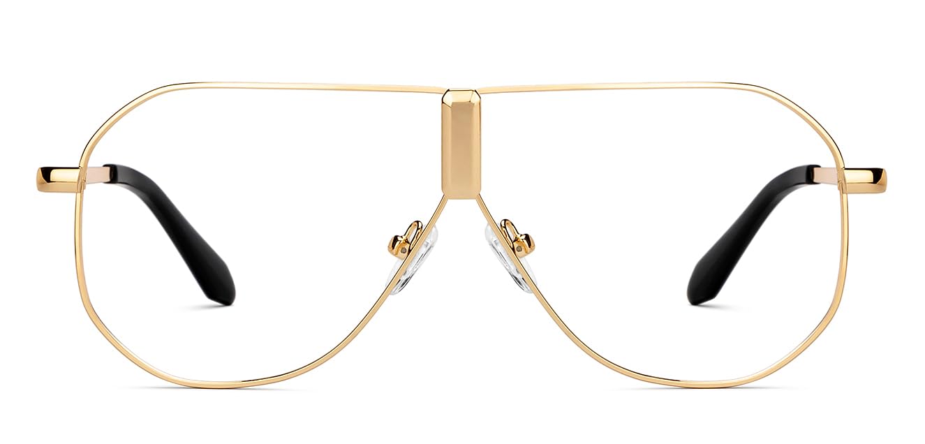 Lenskart Studio | KJO Collection | Gold Full Rim Teardrop Zero Power Bluecut & Antiglare Computer Eyeglasses For Eye Protection And Strain | Men & Women | Large | LK E16946