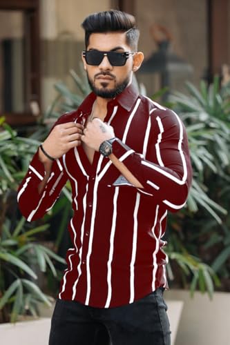 Image of MiraMichi Men's Striped Slim Fit Lycra Shirt | Full Sleeve Stretchable Shirt | Trendy Black and White Vertical Stripes for Casual