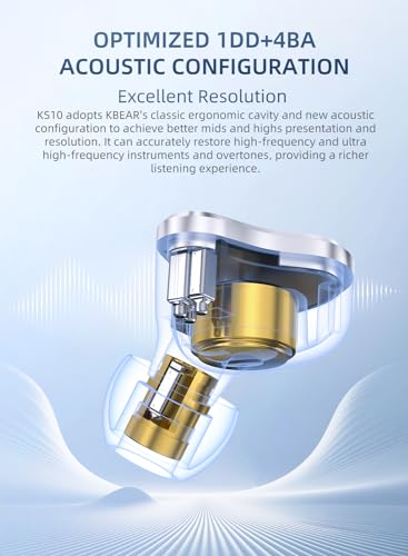 Image of KBEAR KS10 HiFi IEM, 4BA+1DD Hybrid Driver in Ear Monitor, Wired Gaming Earbuds Headphone, Musician in-Ear Earphone with Detachable Cable for Singers, Microphone Optional (Black, Without Mic)