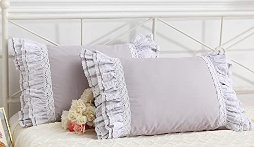 Meaning4 Gray Pillow Shams with Lace Ruffles Shabby Chic Cotton Queen Size Grey Pillowcases 20 x 30 2-Pack