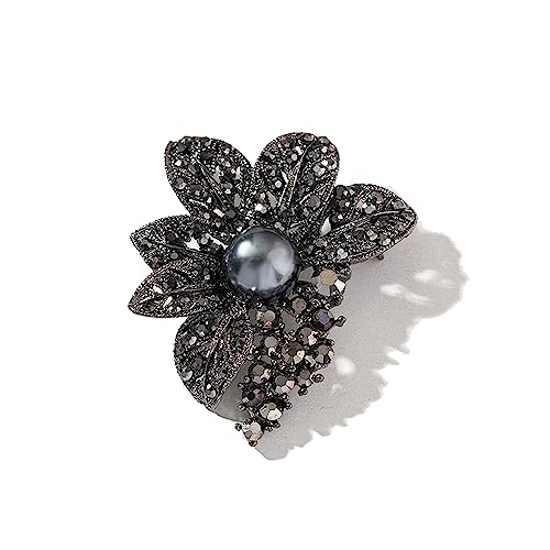 Image of ROFARSO Dark Silver Victorian Style Flowers Brooch Pin with Black Pearl for Women Dark Gray Rhinestone Crystal Accessory for Wedding Party Gifts