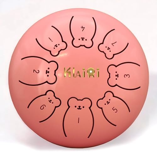 KLAIRI Ethereal Steel Tongue Drum – 8 Notes 6 Inches, Cute Bear Cartoon Design for Kids, C Key, W Music Book, Mallets, & Carrying Pouch (Pink)