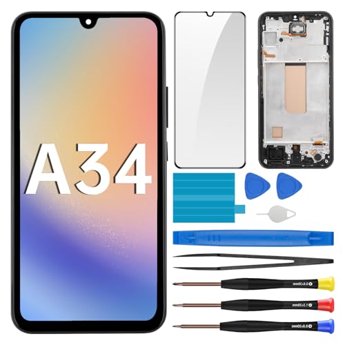 BESJMYT for Samsung Galaxy A34 Screen Replacement with Frame LCD Display Touch Digitizer Full Assembly and Side Button Ear Speaker Vibration Motor Glass Repair Tools Kit A346E A346B A346M