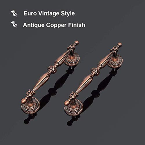 6Pack|3.5'' Cabinet Pulls Antique Copper Kitchen Drawer Handle Euro Vintage Style,Retro Dresser Door Handle Furniture Hardware,5” Total Length #TOP2