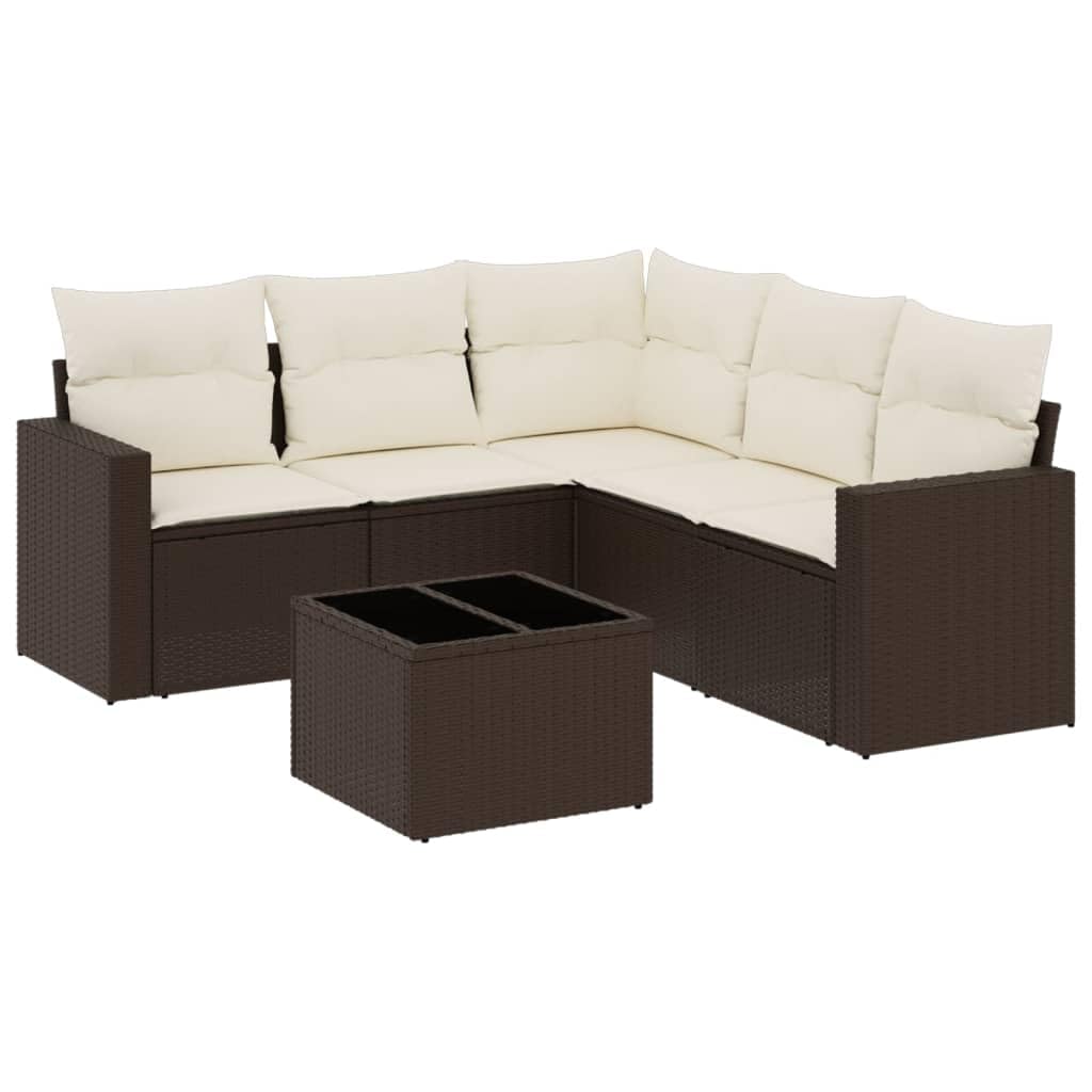 Set Divano da Giardino 6 Pezzi in Rattan PE con Tavolo Marrone | Salotto modulare da esterno per terrazzo e patio con cuscini lavabili e piano in vetro temperato per momenti di relax.