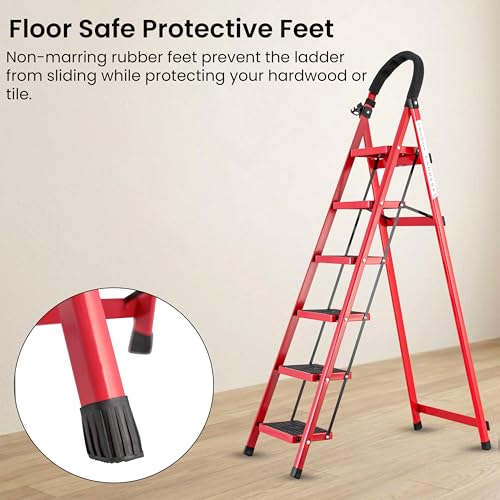 Image of Red 6 Step Ladder for Home Use with Built-in Tool Tray | Heavy Duty D Shape Rods | Ultra Large Platform | Wide Rubber Feet | 150Kg Capacity Foldable Ladder - 7 Years Warranty