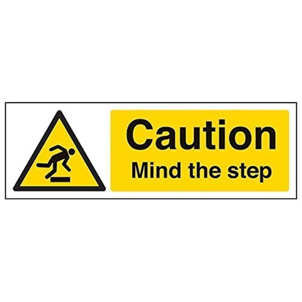V Safety Caution Mind The Step Sign - Landscape - 300mm x 100mm - 2mm Rigid Plastic