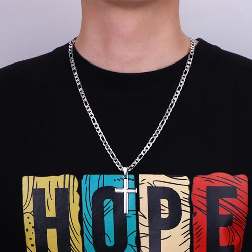 MILACOLATO 925 Sterling Silver Cross Necklace for Men Women, 5mm Stainless Steel Diamond-Cut Durable Figaro Link Chain or Cuban Link Curb Chain for Men, Mens Silver Crucifix Cross Pendant Necklaces Jewelry 16-30 Inches2