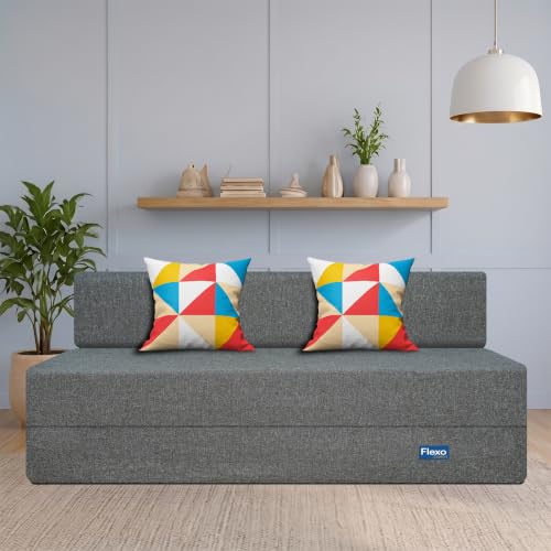 Image of Starlon 3 Seater Foldable Sofa Cum Bed 3-in-1 with 2 Geometrical Pattern Pillows, Washable Jute Fabric Cover, Space Saving Guest Bed, Pre-Assembled Ash Gray 5x6.5 Ft