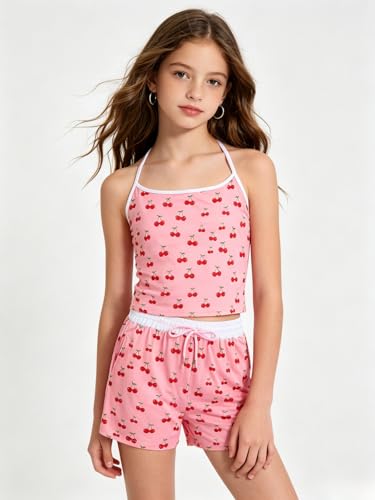 Image of Size 7-14Y Girls Clothes 2 Piece Outfits Striped Tank Top Drawstring Shorts Teen Girls Summer Clothing Sets