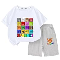 Short et t-Shirt Sprunki imprimé Dessin animé Deux pièces, Milieu et Grand Enfants Ensemble à col Rond en Coton T-Shirt à Manches Courtes garçons et Filles,Blanc,110cm
