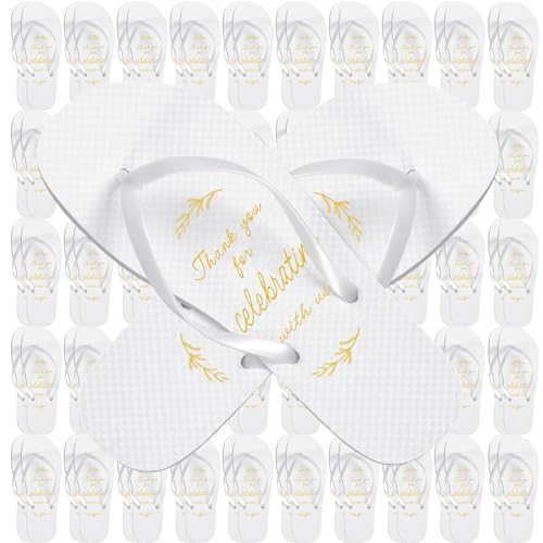 48 Pairs White Gold Wedding Flip Flops for Guests 4 Size Wedding Slippers Bulk Thank You White Sandals Party Favor for Guest Women Men Bridal Shower Game Beach Pool Party Reception Gifts