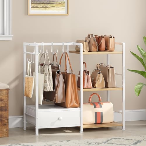 HOOBRO Handtaschen Organizer Hängeorganizer Aufbewahrungsregal 3 Ebenen Geldbörsenaufhänger mit 6 Haken Standregal für Geldbörsen Garderobe Flur Schlafzimmer Weiß-Naturholzfarben EWN28CJ01
