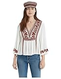 GoSriKi Mujer Rayón Viscosa Bordado Boho Peplum Top Cuello en V Hilo Floral Trabajo Manga 3/4 Casual Ethno Fusion Túnica Oficina Estilo Festivo, Blanco, M