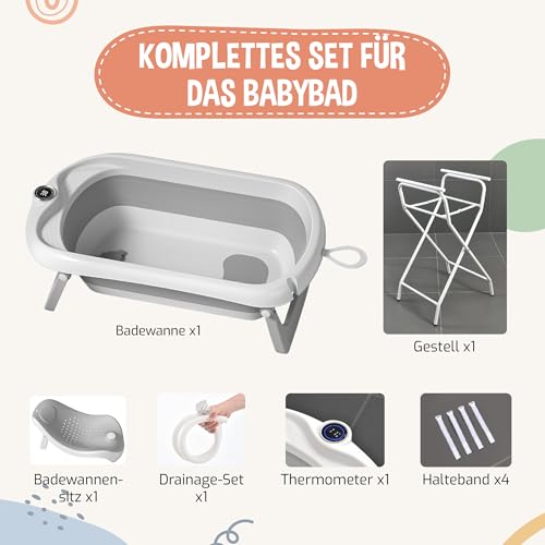 Faltbare Babywanne mit Gestell – XXL Baby Badewanne mit Ständer, Thermometer 2.0, Badesitz & Ablaufsystem – Perfekt für die Dusche – Ab Geburt bis 3 Jahre – Ideal als Baby Geschenk