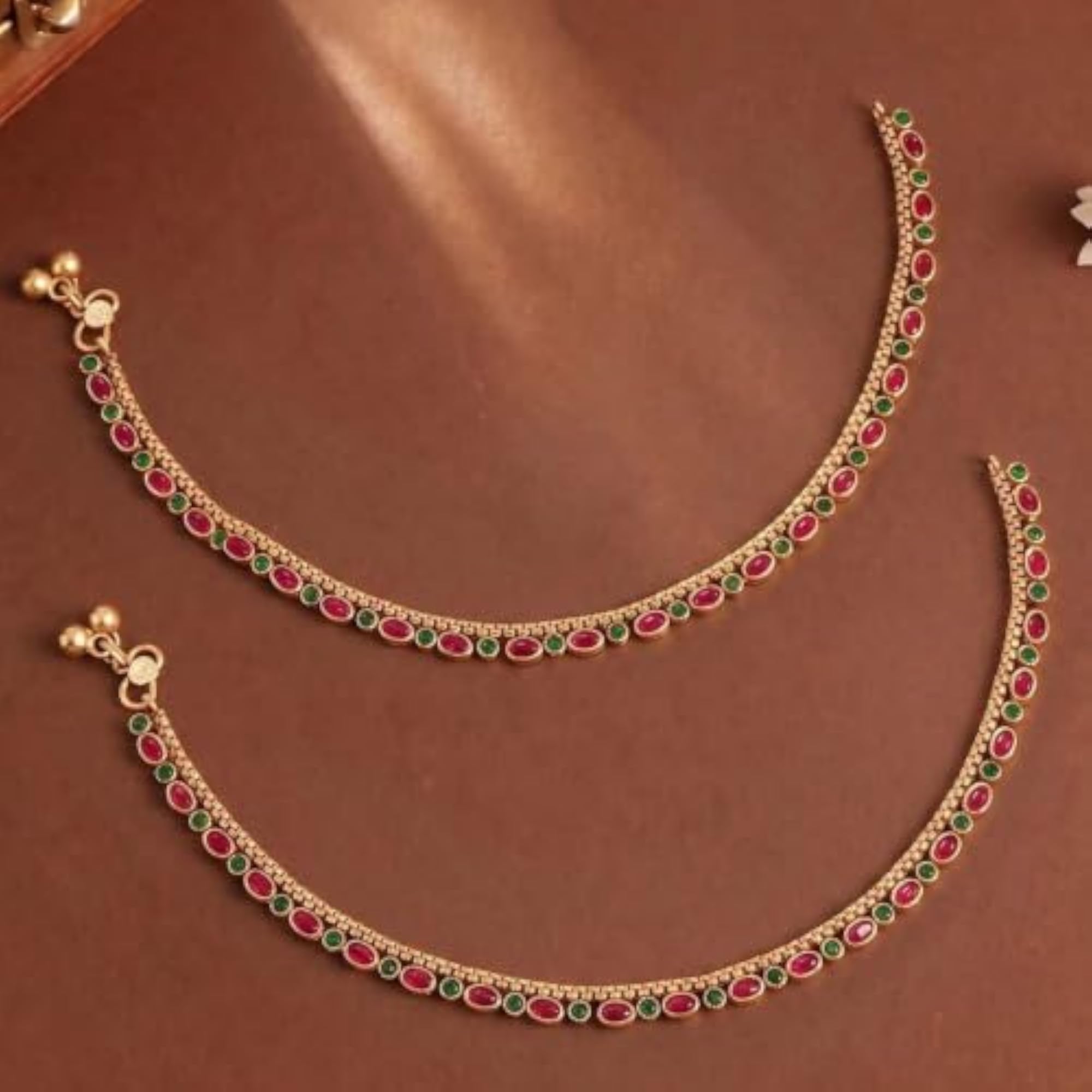 Rani Pink Green Gold Plated Ethnic Anklets Payal for Women
