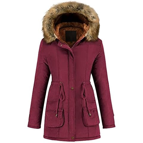 Garemcy Women's Winter Coat Hooded Warm Puffer Quilted Thicken Parka Jacket with Fur Trim Wine Red Medium Cover
