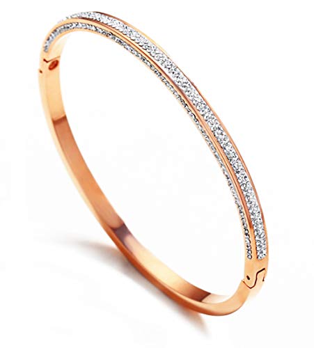 Rose Gold Plated Titanium Stainless Steel Pave CZ Simulate Diamond Oval Hinged Bangle Bracelet 6.5