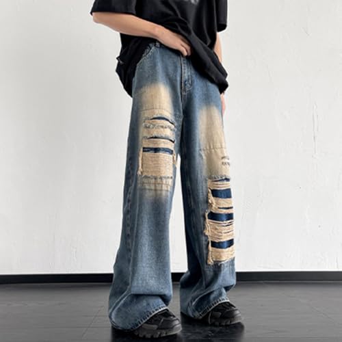 XYGJZ Men's Ripped Loose Fit Wide-Leg Baggy Long Jeans Y2k Distressed Denim Pants4