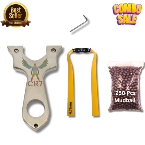 Image of CR7 304 Stainless Steel Slingshot with Yellow Rubber Band & 250 Mud Balls - Ergonomic Silver Design & Balanced Frame