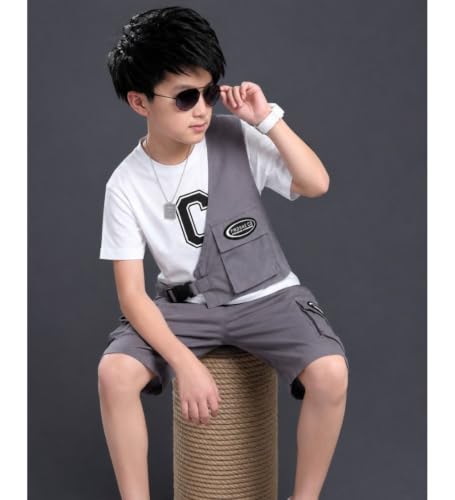 Image of Kids Boys 3-Piece Outfit Set | Half Sleeve T-Shirt, Utility Vest & Cargo Shorts with Cap | Stylish Casual Summer Clothing Set for Boys