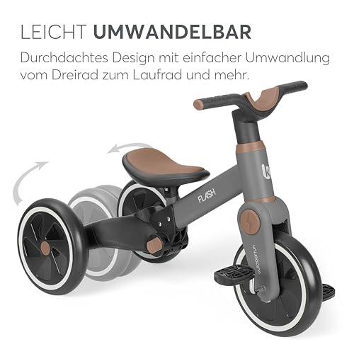 KikkaBoo Flash Dreirad Ab 18 Monaten, 5-in-1 Laufrad Und Dreirad, Umwandelbar Zum Laufrad Oder Fahrrad Ohne Pedale, Mit Verstellbarer Schiebestange, Eva-Räder, Stabiler Stahlrahmen, Grau