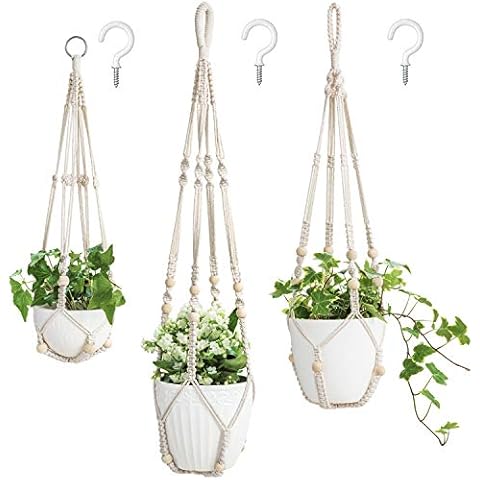 Mkono 3 Pack Macrame Plant Hangers Indoor Different Size Hanging Planter Basket Flower Pot Holder with Beads No Tassels 35"/29"/23", Medium, Ivory Cover