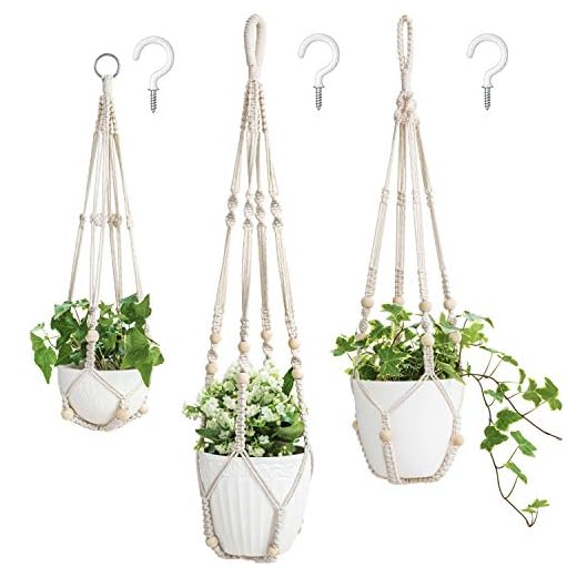 Mkono 3 Pack Macrame Plant Hangers Indoor Different Size Hanging Planter Basket Flower Pot Holder with Beads No Tassels 35"/29"/23", Medium, Ivory