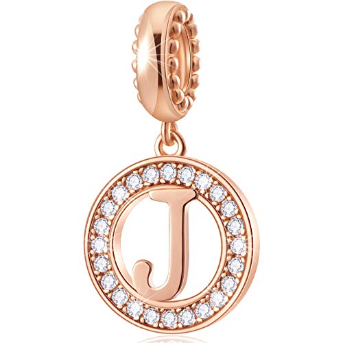 CHAWIN Initial J Letter Charms, Alphabet Charms Rose Gold, Authentic 925 Sterling Silver Charms fit Pandora Charm Bracelets, Necklace, Circle Dangle Charm Gift for Women, Girls, Sparkling Clear Stones