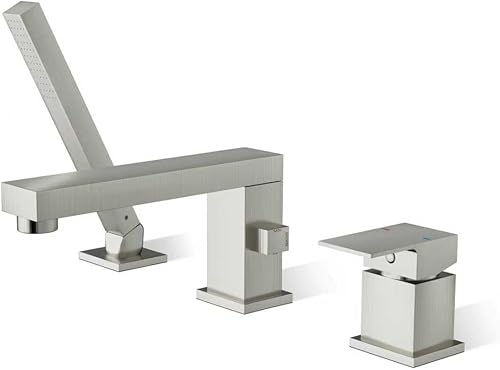 Miniatura 10 de Wathels Grifo de bañera contemporáneo de latón macizo romano con ducha de mano, juego de 3 agujeros (cromado)