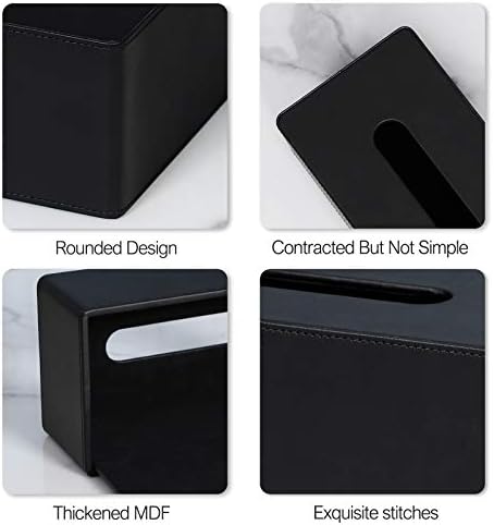 Tissue Box Cover Rectangular PU Leather Facial Tissue Dispenser Box Holder for Dresser Bathroom Decor (Black)