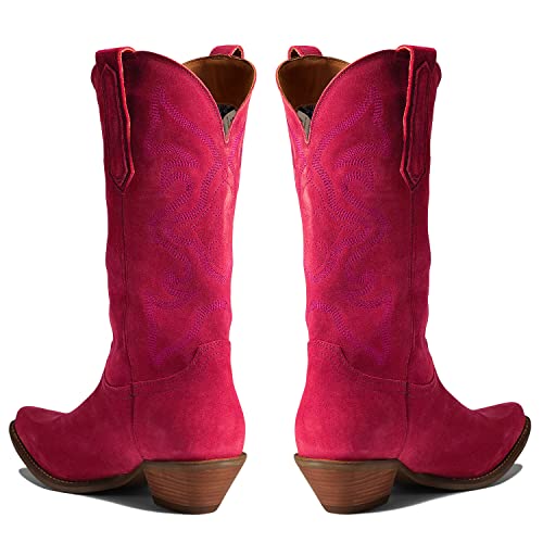 Image of LEHOOR Cowboy Boots Women Embroidered Mid Calf Western Boots Stacked Low Heel Pointed Toe Pull On Cowgirl Boot 4-11 M US