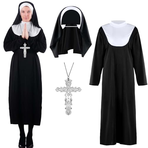 Bofeiya Juego de 3 accesorios para disfraz de monja, vestido negro, tocado de monja, collar de plata para fiesta de Halloween, suministros de cosplay