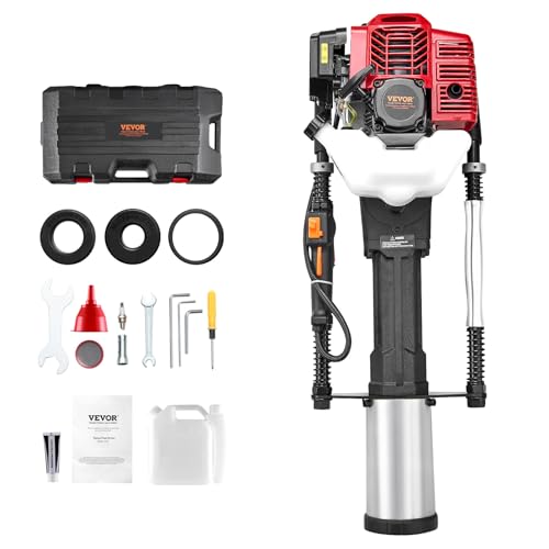VEVOR 52cc Gas-Powered T Post Driver, 2-Stroke Engine Gasoline Fence Piling Pounder, 1400W Portable Piledriver with 3 Post Driving Head(49/69/100 mm), for Farm, Ranch Fencing, Road Improvements