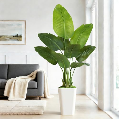 Lifelike Bird of Paradise Artificial Plant 5ft Faux Banana Leaf Tree with White Tall Planter for...