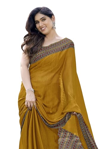 MIRCHI FASHION Women's Stylish Chiffon Contrast Border-Pallu Printed Saree with Blouse Piece, Golden, Brown, One Size