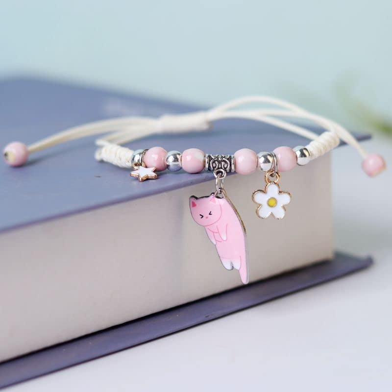 Pingyongchang 6Pcs Cute Animal Cat String Rope Braided Bracelet for Women Lovely Cartoon Kitten Flower Handmade Adjustable Bracelet Animals Cat Lover Friendship Jewelry Birthday Gifts2