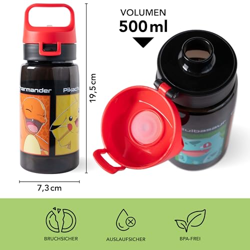 p:os Pokémon Trinkflasche Kinder 500 ml - Auslaufsicher - Kleine Flasche mit Pikachu, Charmander & Bisasam - Für Mädchen und Jungen - Perfekt für unterwegs, Schwarz