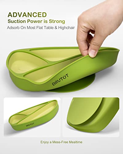 Brvtot Toddler Suction Plates For Baby, 100% Food Grade Silicone Baby Plates With Spoon & Fork Bpa Free, Divided Toddler Plate With Suction Microwave & Dishwasher Safe, Self Feeding Utensils Set Green #TOP1